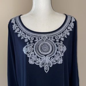 J. Jill Boho Top Blouse Navy Embroidered 3/4 Sleeve Cotton Modal, Size X-Large